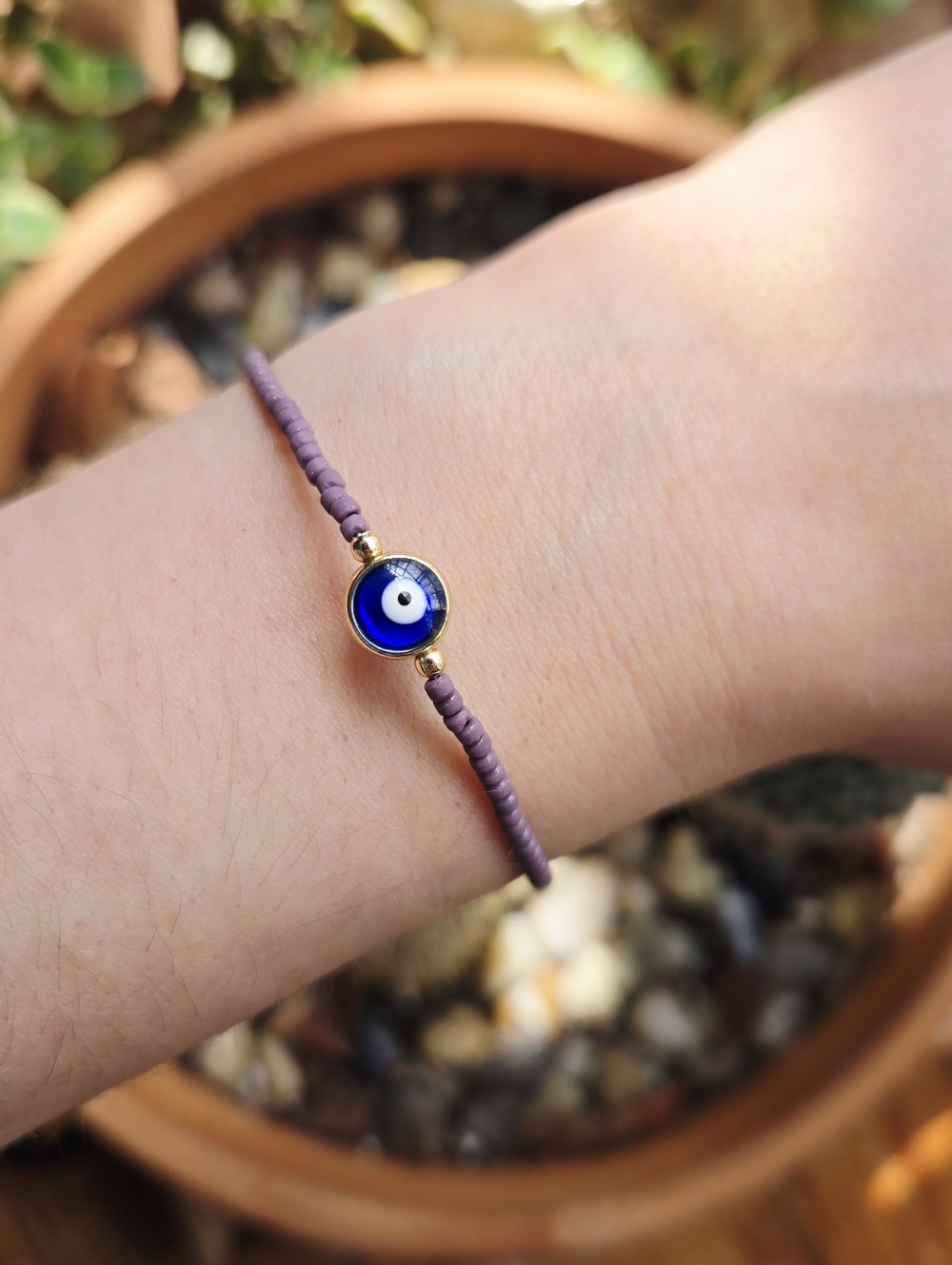 Dainty Purple Beaded Evil Eye Bracelet